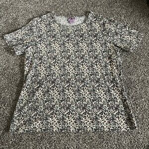 City Hearts tan, black, blue, peach busy leopard print short sleeve shirt L